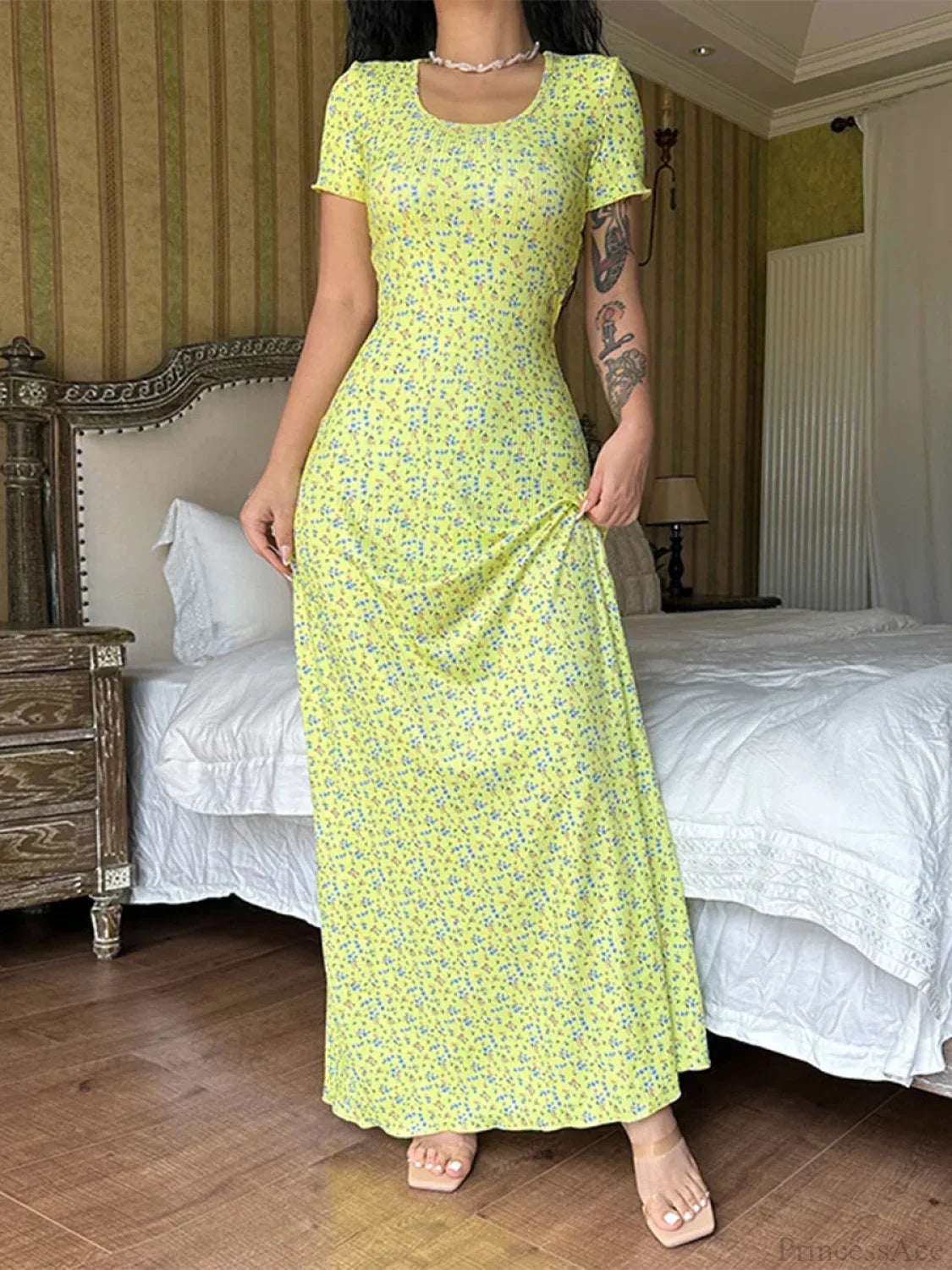 Floral Print T-Shirt Tie Back U-neck A-Line Long Floral Dress