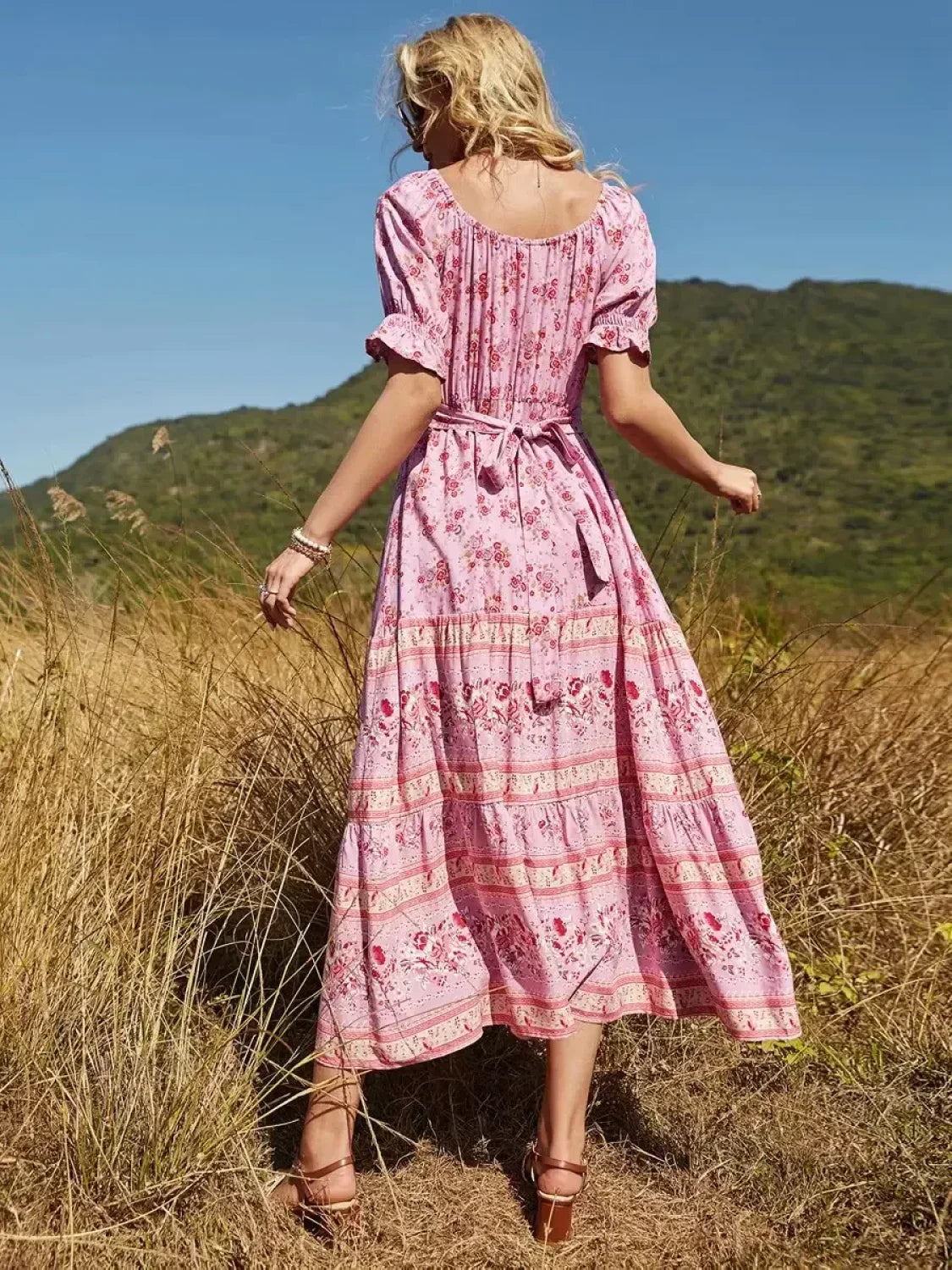Floral Print V-neck Button Pleated Rayon Boho Dress