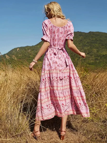 Floral Print V-neck Button Pleated Rayon Boho Dress