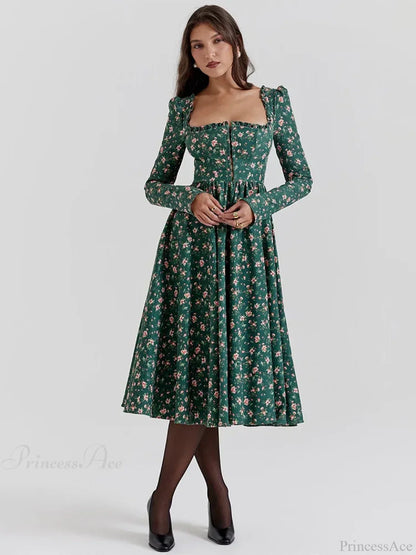 Floral Printed Backless Square Neck Midi Floral Dress