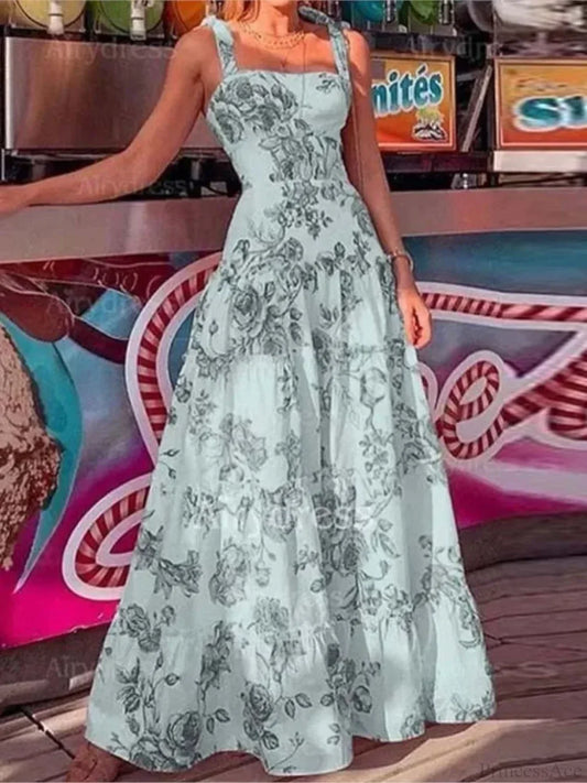 Floral Spaghetti Strap High Waist Maxi Dress
