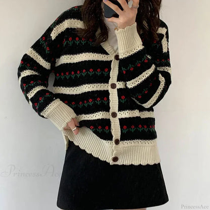 Floral Striped Textured Button Front Cardigan