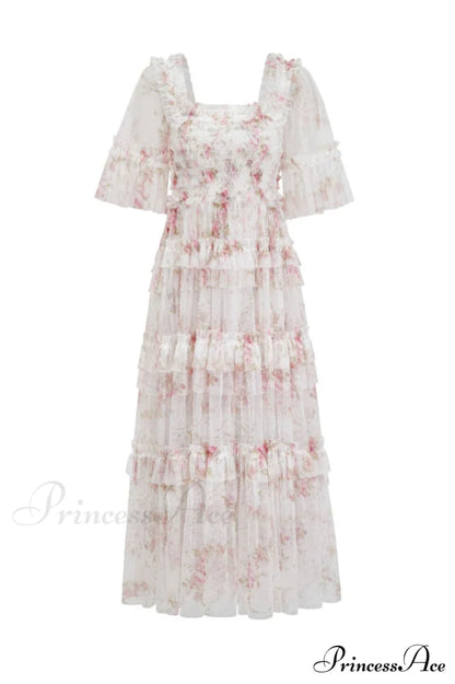 Floral Tulle Ruffle Charming Layered Maxi Dress