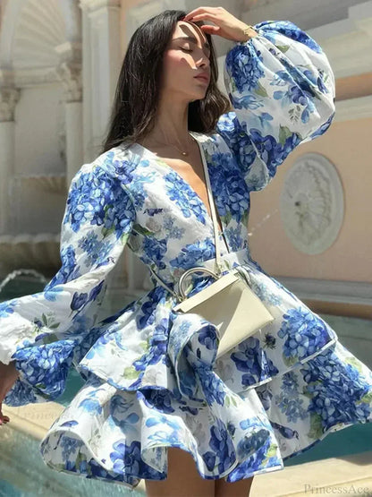 Floral V-Neck Ruffle Mini Floral Dress