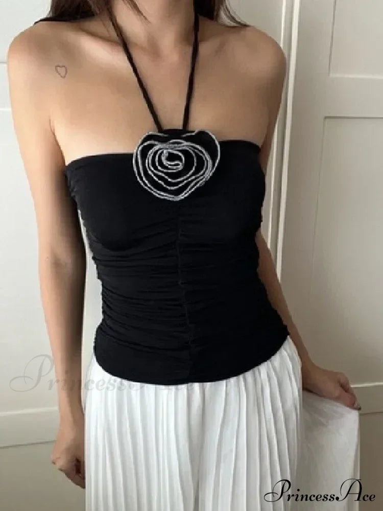 Flower Patchwork halter Tubes Off Shoulder Backless Tank Sexy Women Off Shoulder Ruched Black Mini Vests Tank top