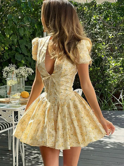 Flower Print Deep V-Neck Mini Dress