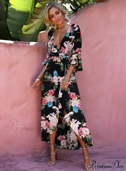 Gown Flowered for Neck Design Full-Length Vintage Warm-Season V Women