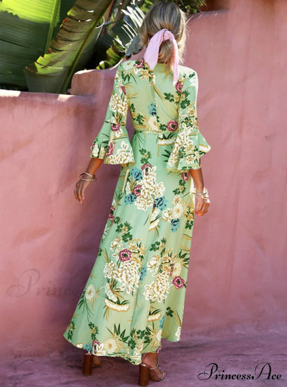 Gown Flowered for Neck Design Full-Length Vintage Warm-Season V Women