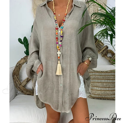 Gown Office Robe Linen Lapel Lady Long Vestidos Blouse Cotton Tunic Casual Women Solid Work Blouses Shirts Femme