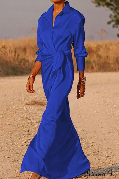 Gown Patchwork Blouse Bandage with Turndown Casual Solid Collar