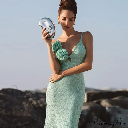 Green 3D Flower Charming Sequin Cami Maxi Dress