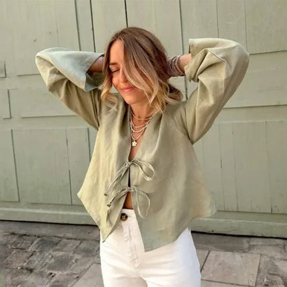 Green Linen Lace-Up Long Sleeve V-neck Blouse