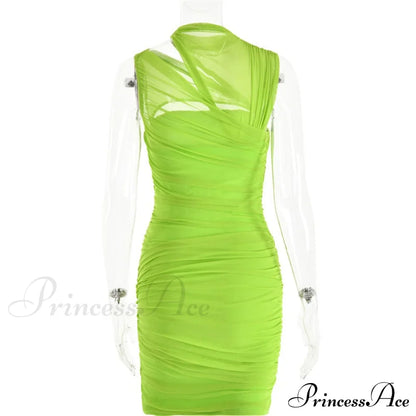 Green Mesh Ruched Neck Cut Trendy Out Design Bodycon Mini Dress
