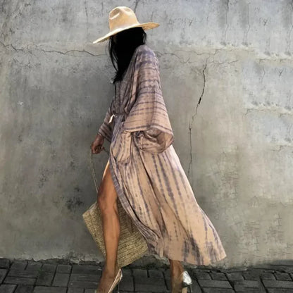 Green Printed Silky Kimono Robe Boho Cover up