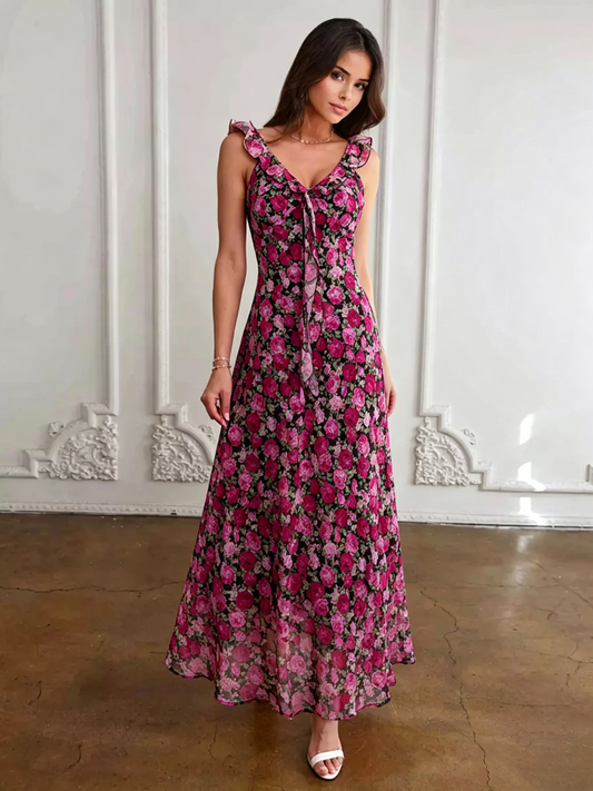 Daily Dresses For Women Red Shaping Flowers Sleeveless V-Neck Raised Waist Printed Dress