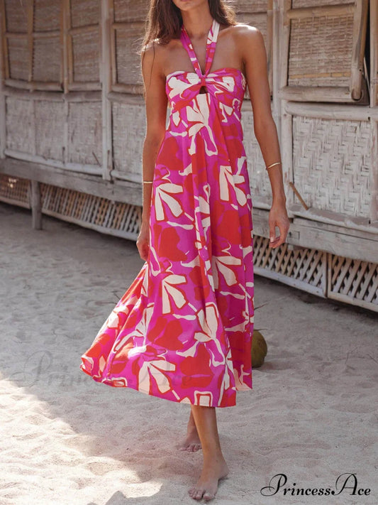 Halterneck Print Berry Charming Lotus Midi dress