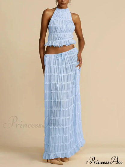 Halterneck Ruched Open Back Tie Trendy Up Top And Maxi Skirt Set