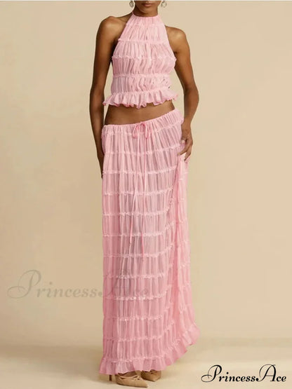 Halterneck Ruched Open Back Tie Trendy Up Top And Maxi Skirt Set