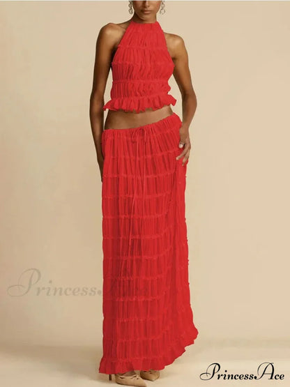 Halterneck Ruched Open Back Tie Trendy Up Top And Maxi Skirt Set