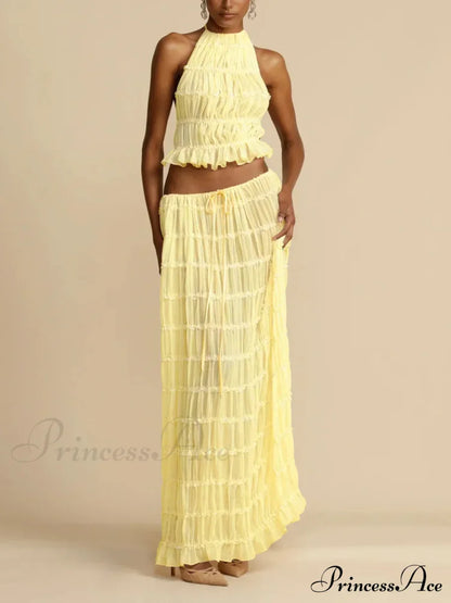Halterneck Ruched Open Back Tie Trendy Up Top And Maxi Skirt Set