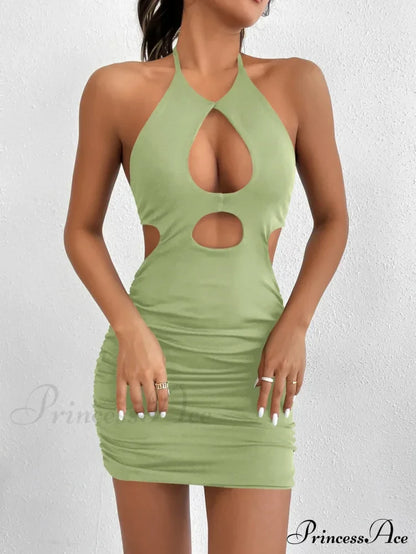 Hanging Neck Lace up Bodycon Mini Sleeveless Hollow Backless Slim Fit Wrap Hip Cut Out Dress