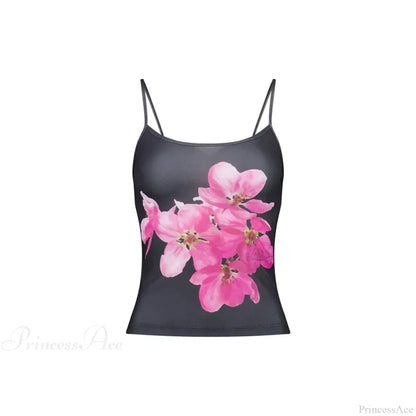 Harajuku Graphic Print Mesh Sheer Backless Aesthetic Spaghetti Strap Crop Top