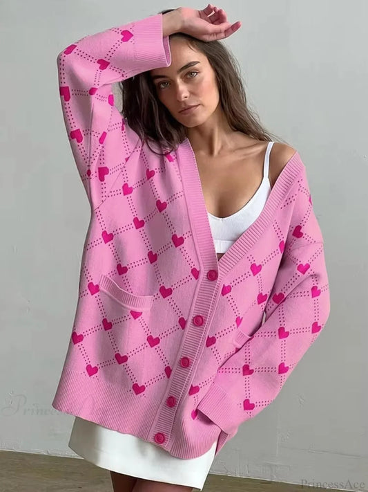 Heart Pattern V-Neck Loose Pockets Knit Cardigan
