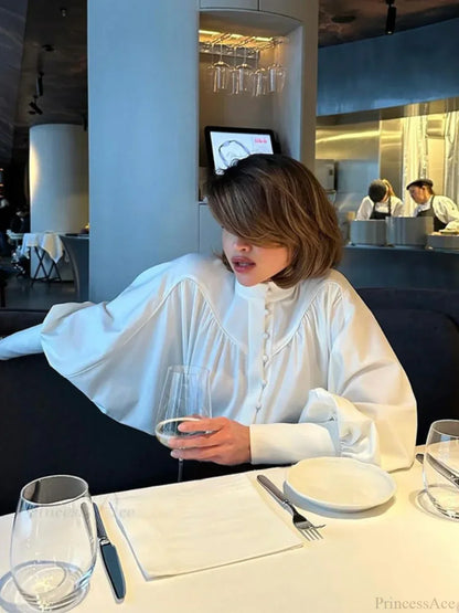 High Neck Fold Bubble Sleeve White Blouse