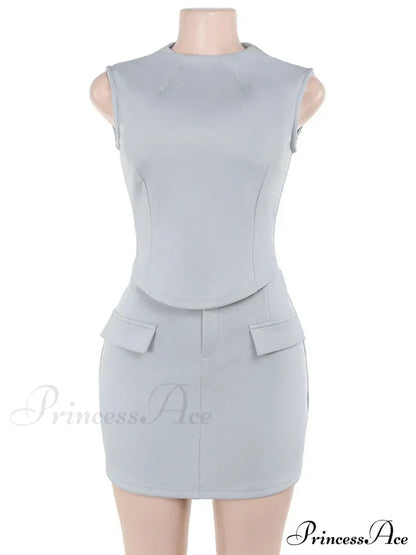 High Neck Solid Top Graceful And Bodycon Mini Skirt Set