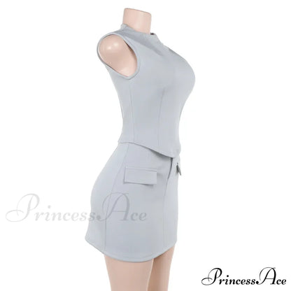 High Neck Solid Top Graceful And Bodycon Mini Skirt Set