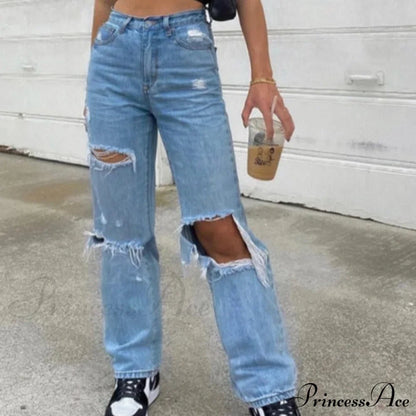 High Straight Leg Baggy Streetwear Waist Pants High Jeans Ripped Boyfriend Women Trousers