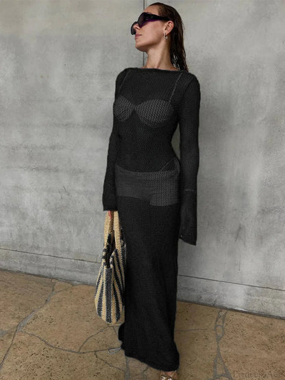 Hollow Out Long Sleeve Bikini Cover Up
