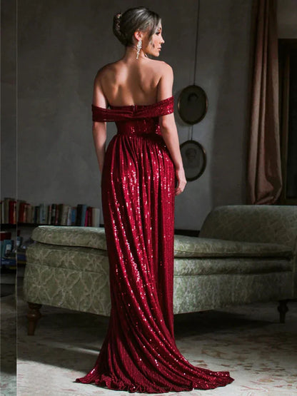 Off-Shoulder Ruched Sequin Party Dress