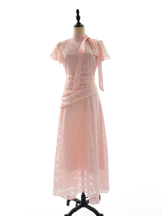 Date Night Dresses Maxi Ruffles Zipper Short Sleeves Stand Collar Petal Sleeves Elegant Pink Dress