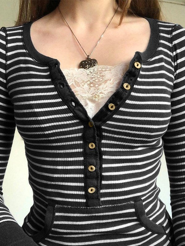 Vintage Striped Button Front Ribbed Knit Top