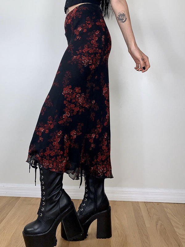 Mesh Paneled Floral Midi Skirt