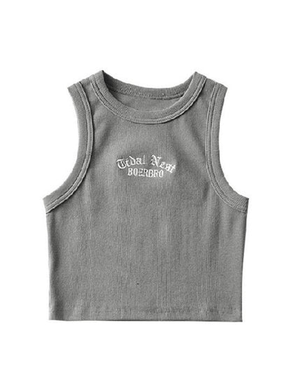 Letter Embroidery Ribbed Cropped Tank Top