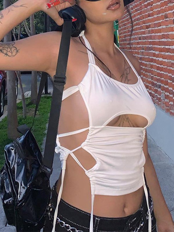 White Lace Up Cutout Halter Crop Cami Top