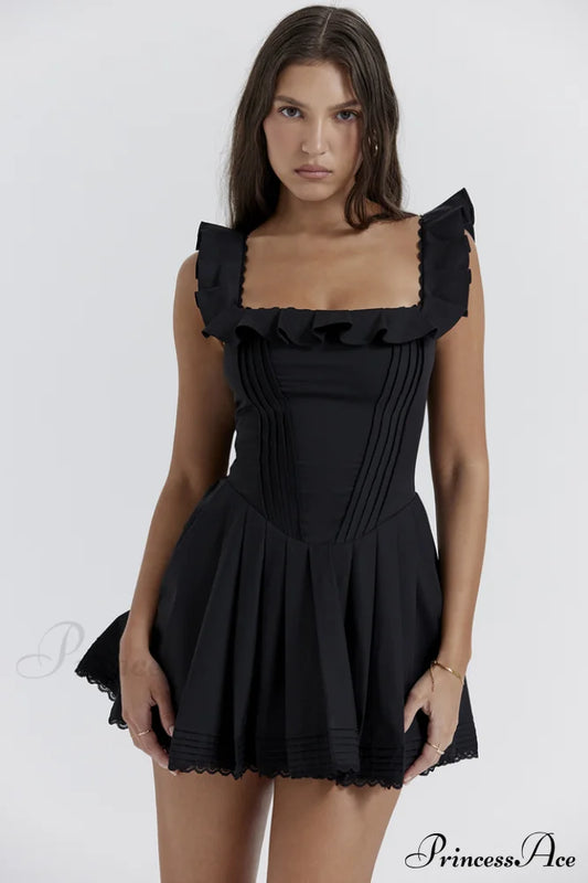 Jemima Black Pin Charming Tuck Pleated Dress