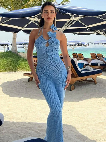 Knit Halter Blue 3D Flowers Vacation Dress
