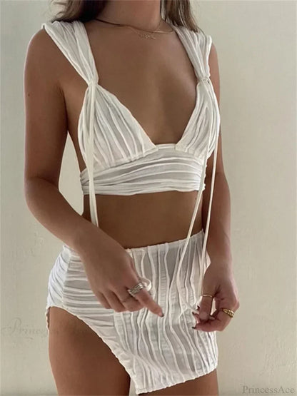 Knitted Deep V-neck Tank Crop Top High Waist Split Mini Skirt Set