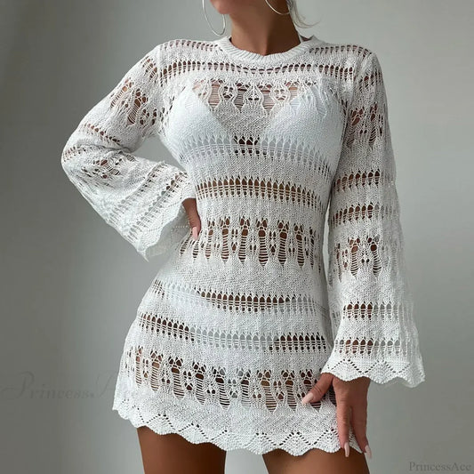 Knitted Hollow Out Sexy Backless Beach Mini Boho Dress Cover-up
