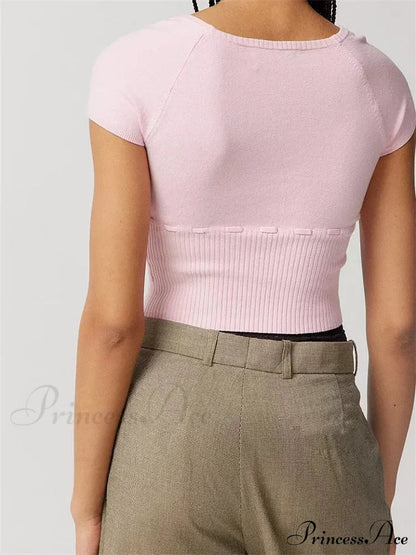 Knitted Ribbed Solid Color Short Sleeve Square Neck Drawstring T-shirts