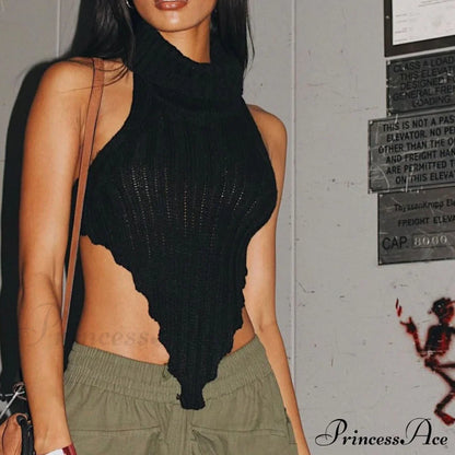 Knitted Turtleneck Stylish Backless Crop Top