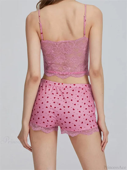 Lace Patchwork Heart Print Camis Crop Top with Casual Shorts Pajama Set