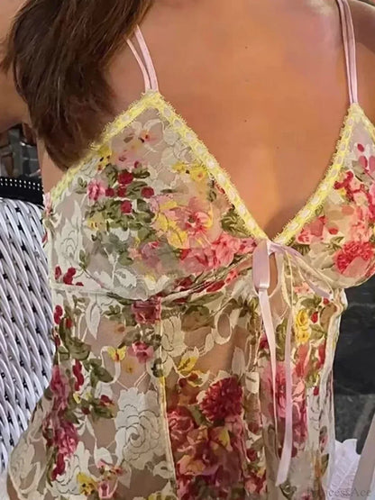 Lace Sheer Floral V Neck Crop Top