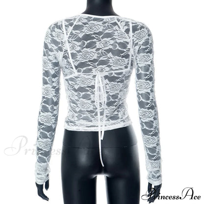 Lace Sheer Long Sleeve Graceful Cut Out Bralette Top