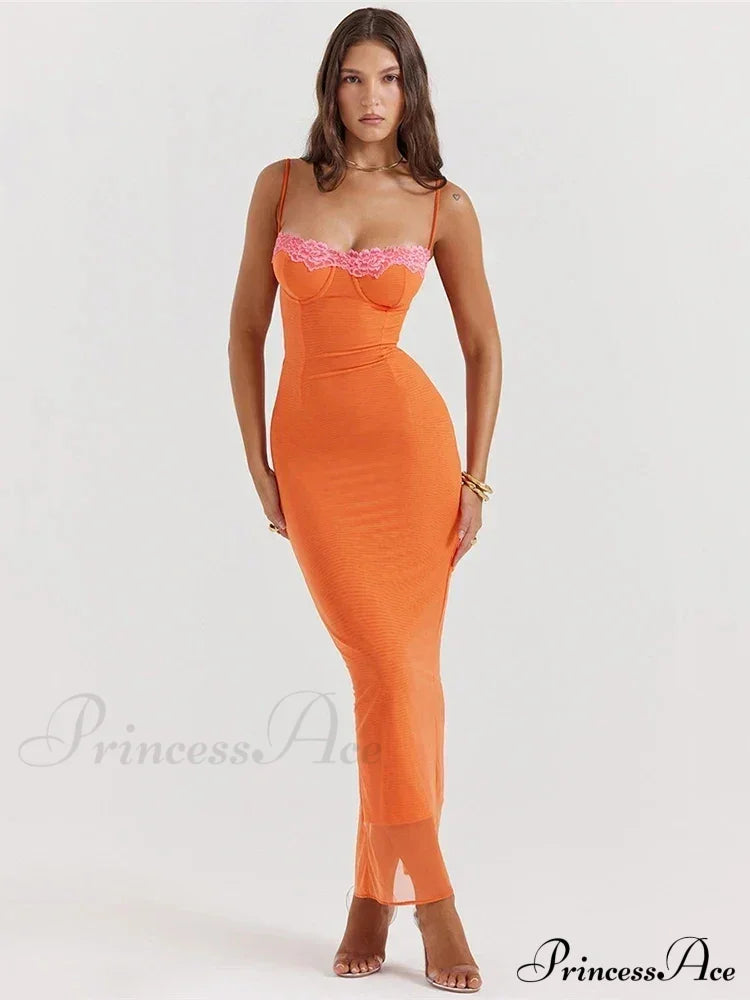 Lace Spaghetti Strap Charming Mesh Midi Dress