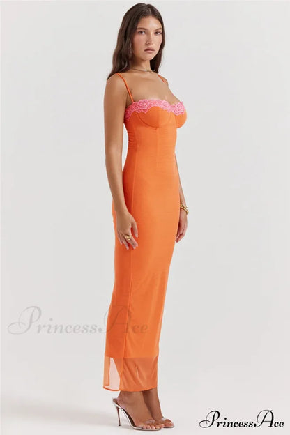 Lace Spaghetti Strap Charming Mesh Midi Dress