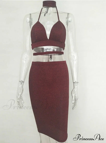 Lace Up Crop Top Two Piece Set with Deep V Neck